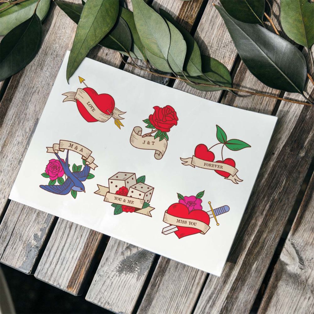 Gepersonaliseerde tattoos met retro design en tekst set van 6