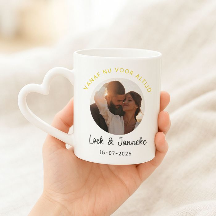 Gepersonaliseerde mok met foto en 3 regels