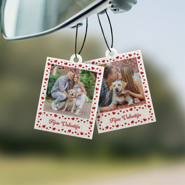 Gepersonaliseerde geurhanger in polaroid-look met hartjes set van 2